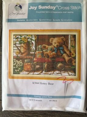 Honey Bear Joy Sunday Pre-Printed Cross Stitch Kit 11ct Aida - NEW